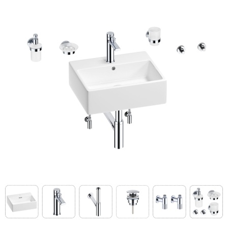 Раковина для ванной Wellsee Graceful Pro 201006686 в наборе 9 в 1: раковина белого глянцевого цвета, смеситель, сифон, донный клапан, угловые вентили, аксессуары (цвет набора хром)