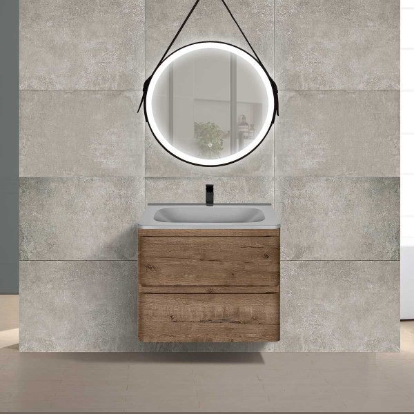 Тумба Vincea Vico 600 подвесная, 2 выкатных ящика soft close, V.Oak с умывальником VCB-2VP600G из кварцевого камня, цвет серый