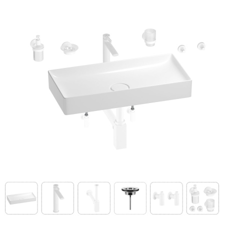 Раковина для ванной Wellsee Pure BY Wellsee 201006480 в наборе 9 в 1: раковина белого глянцевого цвета, высокий смеситель, сифон, выпуск, угловые вентили, аксессуары (цвет матовый белый)