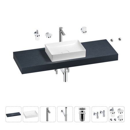 Раковина 50 см со столешницей 140 см Wellsee Pure BY Wellsee 201011451 в наборе 10 в 1: столешница, раковина, высокий смеситель, сифон, выпуск, кран-вентили, аксессуары (цвет хром)