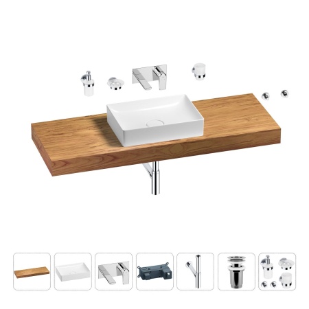 Раковина 50 см со столешницей 140 см Wellsee Pure BY Wellsee 201011481 в наборе 9 в 1: столешница, раковина, встраиваемый смеситель, сифон, выпуск, аксессуары (цвет набора хром)