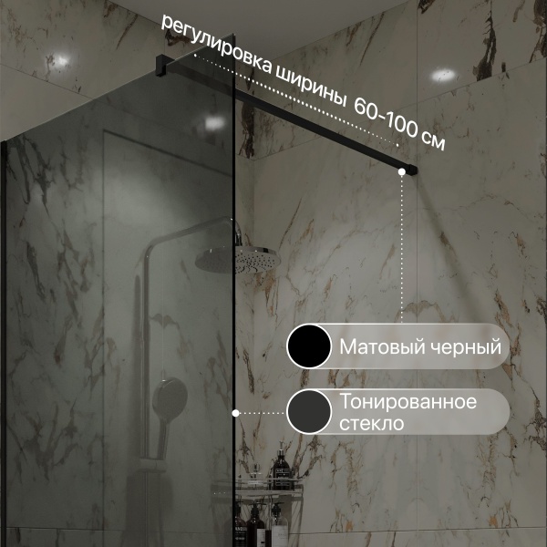 Душевая перегородка STWORKI Берген 80 см, профиль черный матовый, тонированое стекло