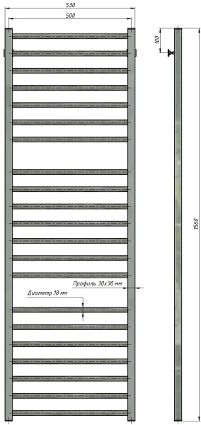 Полотенцесушитель водяной Stinox Classic Luxe 500x1600, нижнее подключение, хром, 1/2" ВР (внутренняя резьба), 21 перекладина