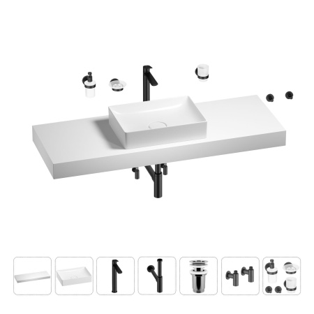 Раковина 50 см со столешницей 140 см Wellsee Pure BY Wellsee 201011512 в наборе 10 в 1: столешница, раковина, высокий смеситель, сифон, выпуск, кран-вентили, аксессуары (цвет матовый черный)