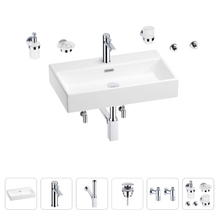 Раковина для ванной Wellsee Graceful Pro 201006716 в наборе 9 в 1: раковина белого глянцевого цвета, смеситель, сифон, донный клапан, угловые вентили, аксессуары (цвет набора хром)