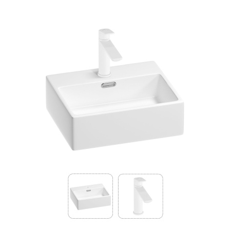 Раковина для ванной Wellsee Graceful Pro 201000770 в наборе 2 в 1: прямоугольная раковина белого глянцевого цвета, смеситель в цвете матовый белый