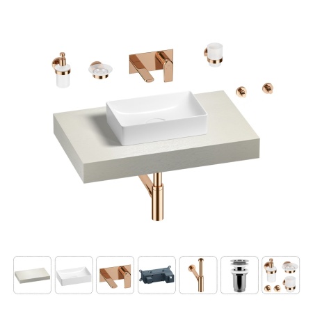 Раковина 42 см со столешницей 80 см Wellsee Pure BY Wellsee 201010719 в наборе 9 в 1: столешница, раковина, встраиваемый смеситель, сифон, выпуск, аксессуары (цвет набора розовое золото)