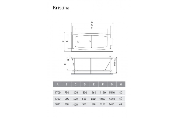 Ванна акриловая Relisan KRISTINA Гл000008873, 170x75