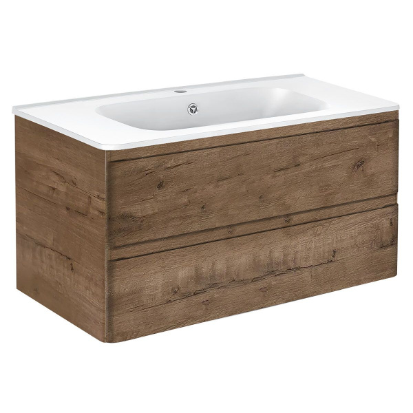 Тумба Vincea Vico 1000 подвесная, 2 выкатных ящика soft close, V.Oak с умывальником VCB-2VP1000W из искусственного камня, цвет белый