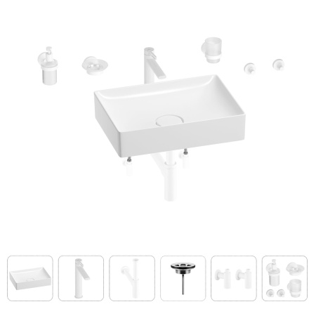 Раковина для ванной Wellsee Pure BY Wellsee 201006420 в наборе 9 в 1: раковина белого глянцевого цвета, высокий смеситель, сифон, выпуск, угловые вентили, аксессуары (цвет матовый белый)