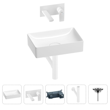 Раковина для ванной Wellsee Pure BY Wellsee 201002565 в наборе 4 в 1: раковина белого глянцевого цвета, встраиваемый смеситель, сифон, выпуск (цвет набора матовый белый)