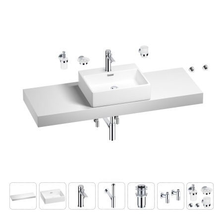 Раковина 50 см со столешницей 140 см Wellsee Graceful Pro 201012616 в наборе 10 в 1: столешница, раковина, смеситель, сифон, донный клапан, угловые вентили, аксессуары (цвет хром)
