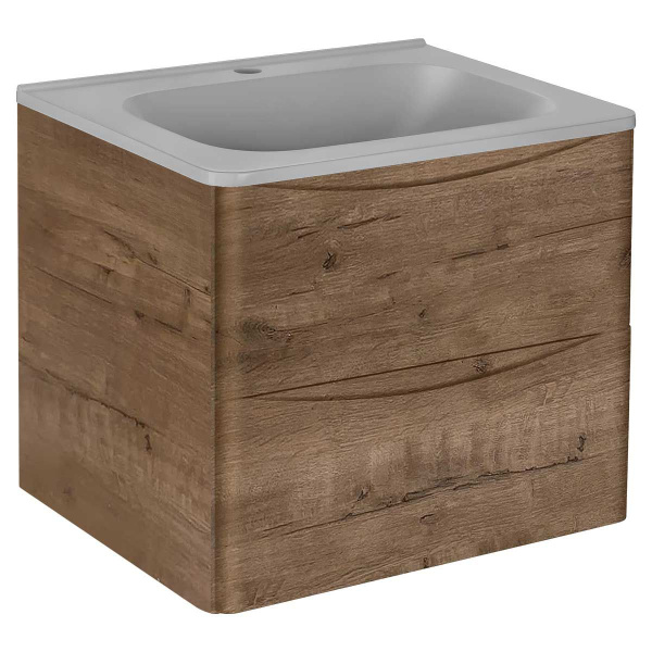 Тумба Vincea Paola 600 подвесная, 2 выкатных ящика soft close, V.Oak с умывальником VCB-2VP600G из кварцевого камня, цвет серый