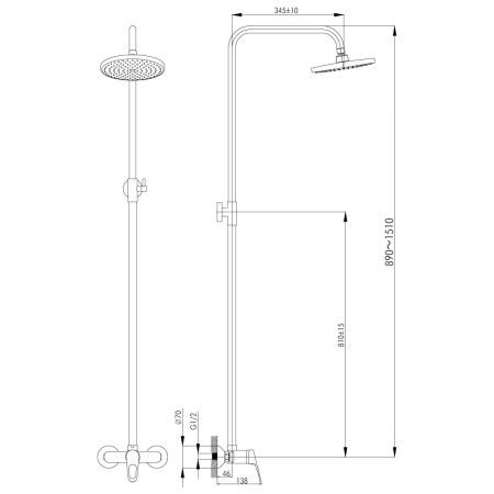 Душевая система Rossinka B35-44 для душа с регулируемой высотой штанги и лейкой "Тропический дождь"
