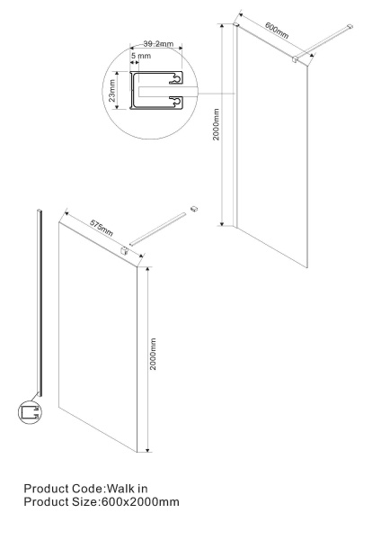 Душевая перегородка Vincea Walk-In VSW-1H600CLG, 600*2000, матовый золотой, стекло прозрачное