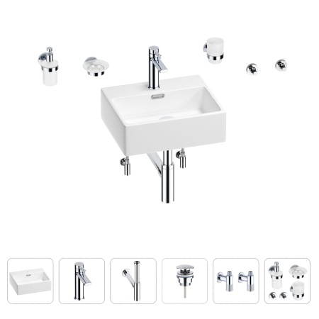Раковина для ванной Wellsee Graceful Pro 201006636 в наборе 9 в 1: раковина белого глянцевого цвета, смеситель, сифон, донный клапан, угловые вентили, аксессуары (цвет набора хром)