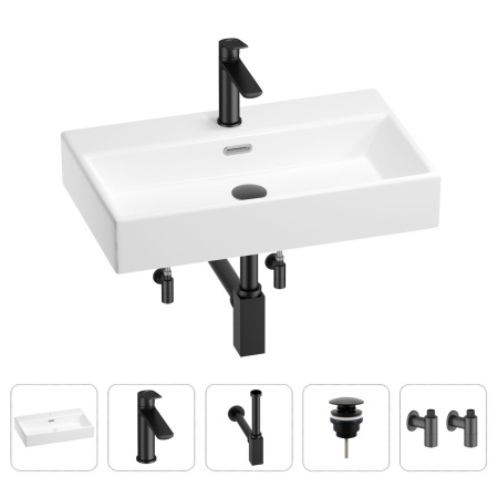 Раковина для ванной Wellsee Graceful Pro 201004637 в наборе 5 в 1: раковина белого глянцевого цвета, смеситель, сифон, донный клапан, угловые вентили (цвет набора матовый черный)