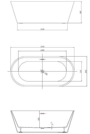 Ванна акриловая Vincea VBT-4291-1700, 1700*800*580, цвет белый, щелевой перелив