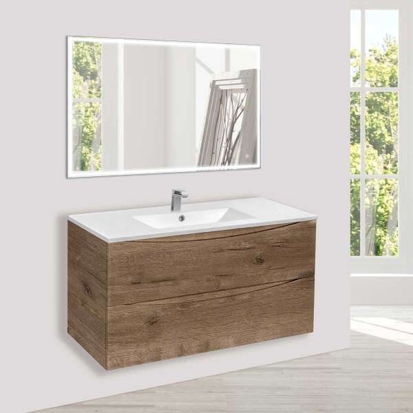 Тумба Vincea Mia 1000 подвесная, 2 выкатных ящика soft close, V.Oak с умывальником VBS-13100 керамическая, цвет белый