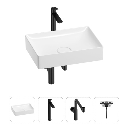 Раковина для ванной Wellsee Pure BY Wellsee 201002682 в наборе 4 в 1: раковина белого глянцевого цвета, высокий смеситель, сифон, выпуск (цвет набора матовый черный)