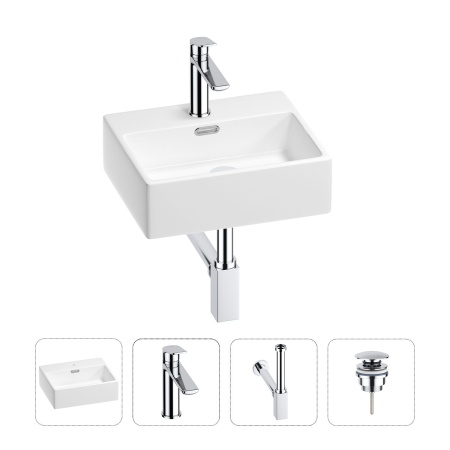 Раковина для ванной Wellsee Graceful Pro 201002861 в наборе 4 в 1: раковина белого глянцевого цвета, смеситель, сифон, донный клапан (цвет набора хром)