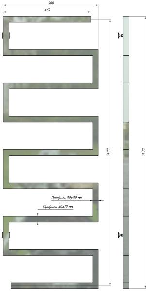 Полотенцесушитель водяной Stinox Ultra 500x1400, боковое подключение, хром, 1/2" ВР (внутренняя резьба), 9 перекладин