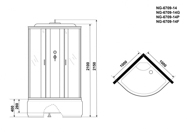 Душ.каб. NG-6709-14P (1000х1000х2150) высокий поддон(45см) стекло ПРОЗРАЧНОЕ черные профиля 4 места