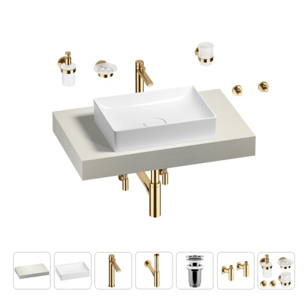 Раковина 50 см со столешницей 80 см Wellsee Pure BY Wellsee 201011078 в наборе 10 в 1: столешница, раковина, высокий смеситель, сифон, выпуск, кран-вентили, аксессуары (цвет золото)
