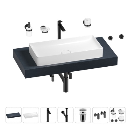 Раковина 75 см со столешницей 100 см Wellsee Pure BY Wellsee 201011572 в наборе 10 в 1: столешница, раковина, высокий смеситель, сифон, выпуск, кран-вентили, аксессуары (цвет матовый черный)