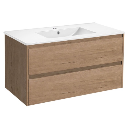 Тумба Vincea Gio 100 подвесная, 2 выкатных ящика soft-close, N.Oak с умывальником VBS-13100 керамическая, цвет белый
