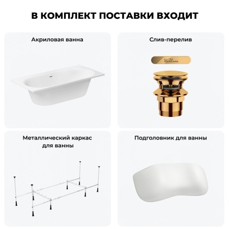 Акриловая ванна в наборе 4 в 1: встраиваемая ванна, слив-перелив, каркас, подголовник Wellsee Dream For More 20216812R