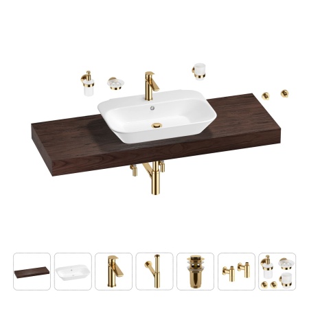 Раковина 65 см со столешницей 140 см Wellsee Eclatant 201013203 в наборе 10 в 1: столешница, раковина, смеситель, сифон, донный клапан, угловые вентили, аксессуары (цвет золото)
