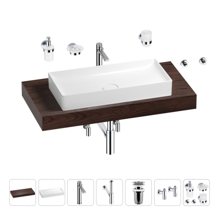 Раковина 75 см со столешницей 100 см Wellsee Pure BY Wellsee 201011616 в наборе 10 в 1: столешница, раковина, высокий смеситель, сифон, выпуск, кран-вентили, аксессуары (цвет хром)
