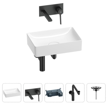 Раковина для ванной Wellsee Pure BY Wellsee 201002597 в наборе 4 в 1: раковина белого глянцевого цвета, встраиваемый смеситель, сифон, выпуск (цвет набора матовый черный)