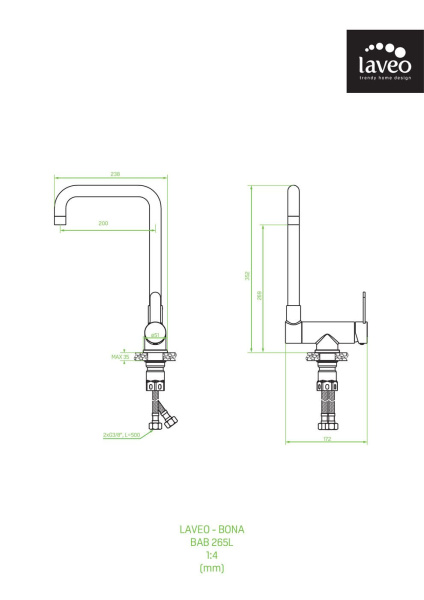 Смеситель для кухонной мойки Laveo Bona BAB_265L сталь