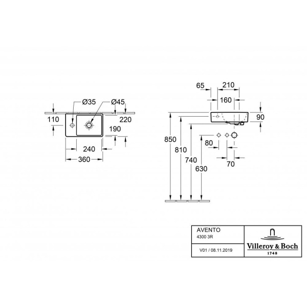 Раковина Villeroy & Boch Avento 360 x 220 мм, 43003R01