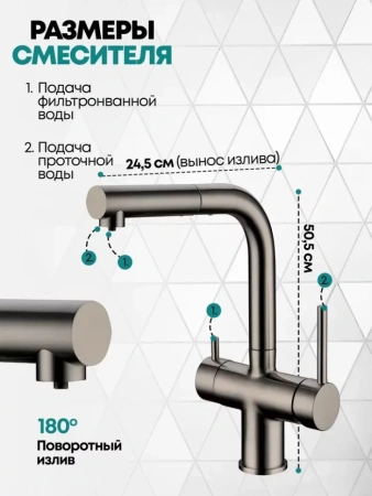 Смеситель для кухни под фильтр с выдвижным изливом Grocenberg GB4097 Графит