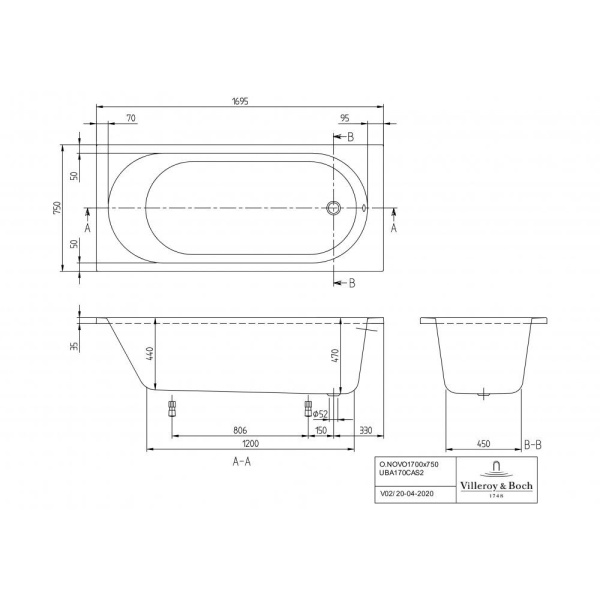 Ванна Villeroy & Boch O.novo 1700 x 750 мм, акриловая, UBA170CAS2V-01