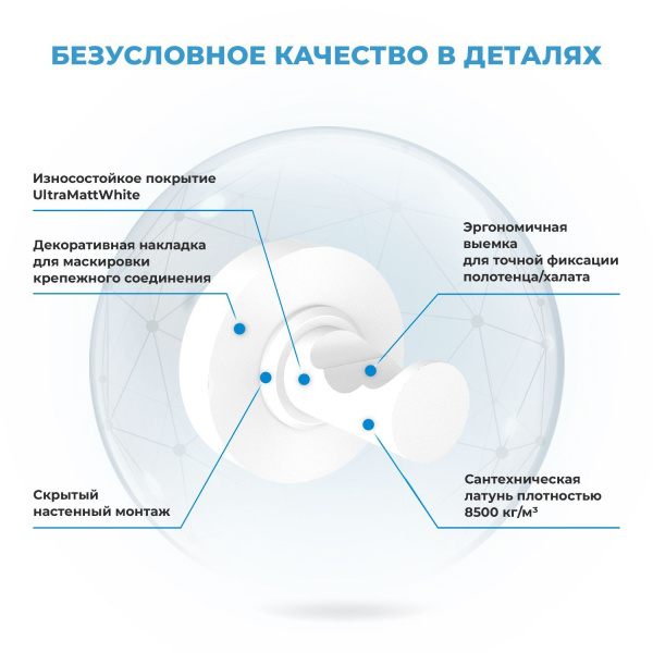 Настенный крючок для полотенец в ванную комнату Wellsee Finishing Touch 182520000, материал латунь, цвет белый. Выдерживает вес до 10 кг