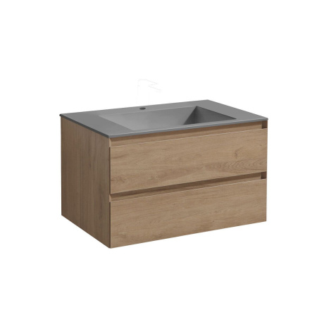 Тумба Vincea Luka 800 подвесная, 2 выкатных ящика soft-close, N.Oak с умывальником VCB-13800G из кварца, цвет серый