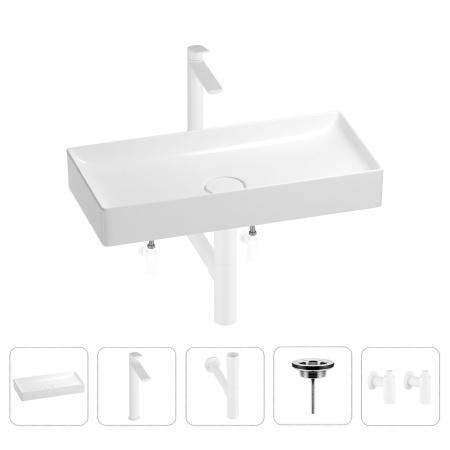 Раковина для ванной Wellsee Pure BY Wellsee 201004450 в наборе 5 в 1: раковина белого глянцевого цвета, высокий смеситель, сифон, выпуск, угловые вентили (цвет набора матовый белый)