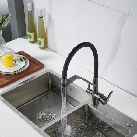 Смеситель для кухни с гибким изливом и подключением фильтра Shevanik S278T, оружейная сталь