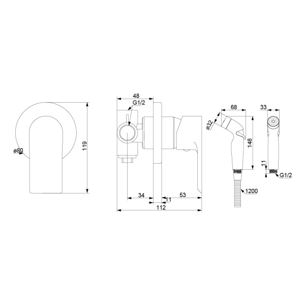 477510300 Apollo Смеситель Damixa монтируемый в стену с гигиеническим душем, черный