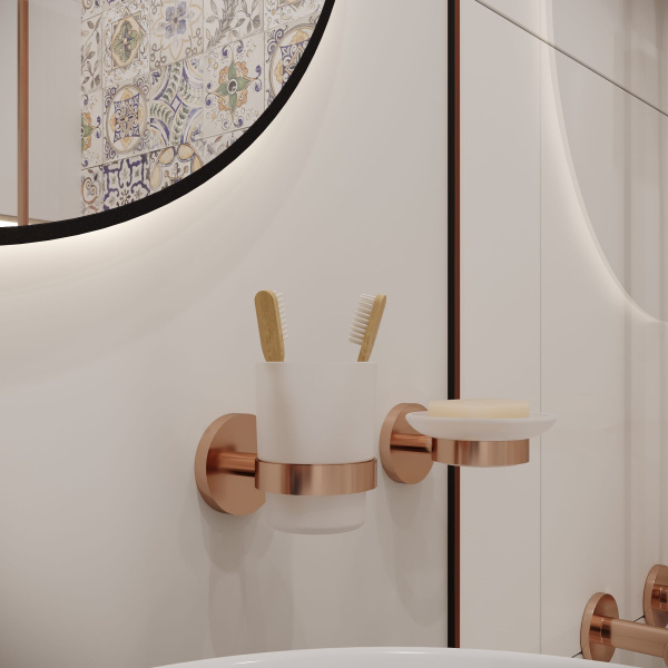 Стеклянный стакан для зубных щеток и пасты с латунным настенным держателем Wellsee Finishing Touch 182508000 (цвет стакана матовый, цвет держателя розовое золото)