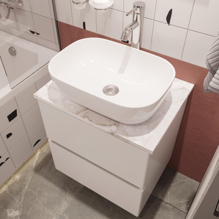 Мебель для ванной комнаты STWORKI Колдинг 60 белая, с раковиной 50 Square, столешница белая сатиновая