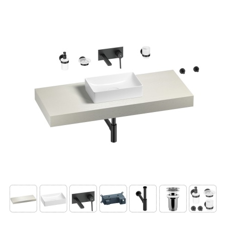 Раковина 42 см со столешницей 120 см Wellsee Pure BY Wellsee 201010902 в наборе 9 в 1: столешница, раковина, встраиваемый смеситель, сифон, выпуск, аксессуары (цвет набора матовый черный)