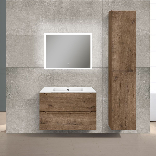 Тумба Vincea Norma 800 подвесная, 2 выкатных ящика soft close, V.Oak с умывальником VCB-2N800W из искуственного камня, цвет белый