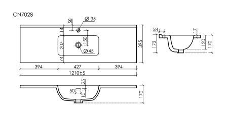 CN7028 Раковина мебельная накладная Компакт (Compact) 1210x395x170, цвет белый