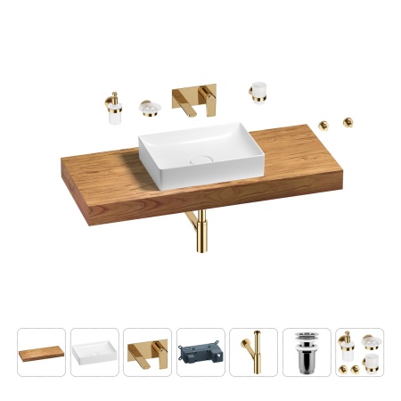 Раковина 50 см со столешницей 120 см Wellsee Pure BY Wellsee 201011363 в наборе 9 в 1: столешница, раковина, встраиваемый смеситель, сифон, выпуск, аксессуары (цвет набора золото)