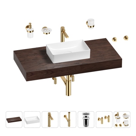Раковина 42 см со столешницей 100 см Wellsee Pure BY Wellsee 201010848 в наборе 10 в 1: столешница, раковина, высокий смеситель, сифон, выпуск, кран-вентили, аксессуары (цвет золото)